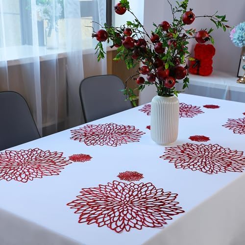 Snowkingdom 12 Pack Red Placemats Metallic Shiny Pressed Vinyl Dining Mats Round Leaf Floral Table Decoration for Halloween Mother's Day Christmas Valentine's Day Weddings Holiday Celebrations