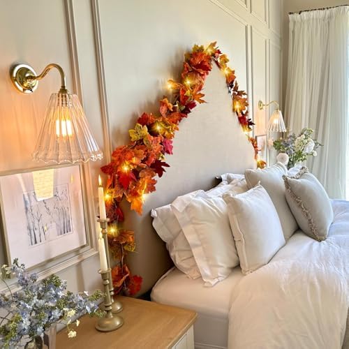 CQURE 6 Pack Fall Leaf Garland with Lights,Fall Decor Halloween Lights Artificial Maple Leaves Autumn Garland Hanging Vines Thanksgiving Decor for Home Christmas Autumn
