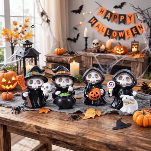 Halloween Figurines Set of 4 Halloween Decorations Indoor Table Decor Mini Skeleton Figurines Witch Skull Resin Statues Shelf Mantel Tiered Tray Decor Cute Spooky