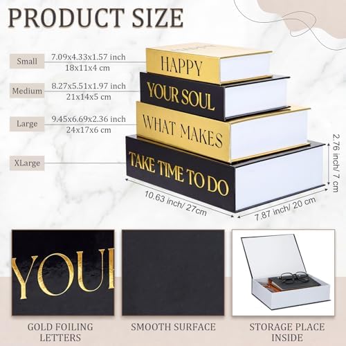 Sabary Set of 4 Decorative Books Boxes Faux Books Stacked for Coffee Tables Modern Home Bookshelves DIY Crafts Decor (Black and Gold,Inspirational Themes)
