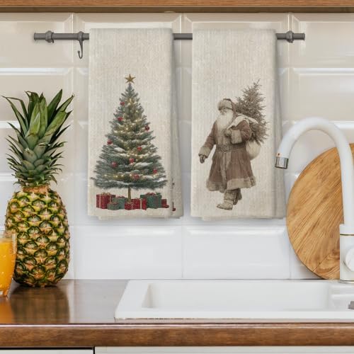 Vintage Christmas Tree Santa Kitchen Dish Towels 16x24, Set of 2