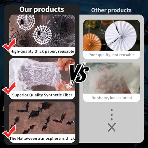 Spider Webs Halloween Decorations with 5 Black White Paper Fans, 6 Fake Spiders and 12 Bat Wall Stickers for Wall Indoor Outdoor Halloween Party Decor