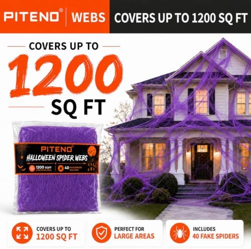 Piteno® 1200 sqft Spider Webs Halloween Decorations with 40 Fake Spiders, Stretchable Halloween Spider Webs for Indoor Outdoor Haunted House Yard Porch Party Decor (Purple)