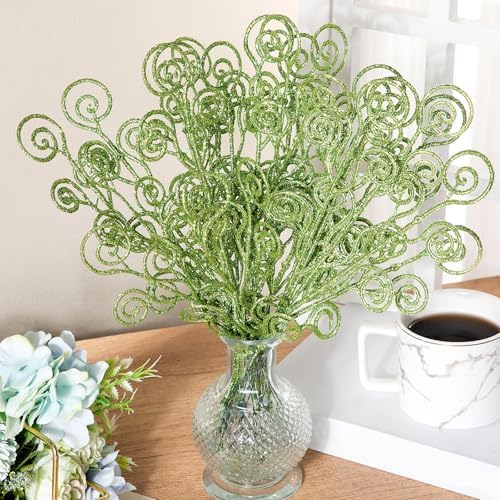 Ysleen 50 Pcs Glitter Tree Picks and Sprays Twigs Branches, Sage Green