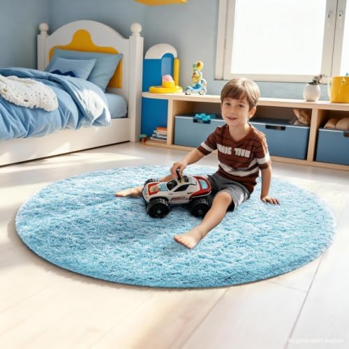 Ophanie Round Rug 4Ft Light Blue Circle Area Rugs, Fluffy Fuzzy Small Bedroom Carpet 4 Foot, Plush Shag Floor Living