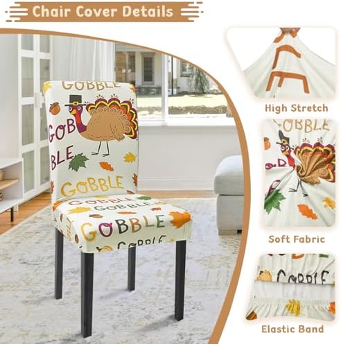 Thanksgiving Chair Covers Set of 6 Cute Turkey Stretch Parsons Slipcovers
