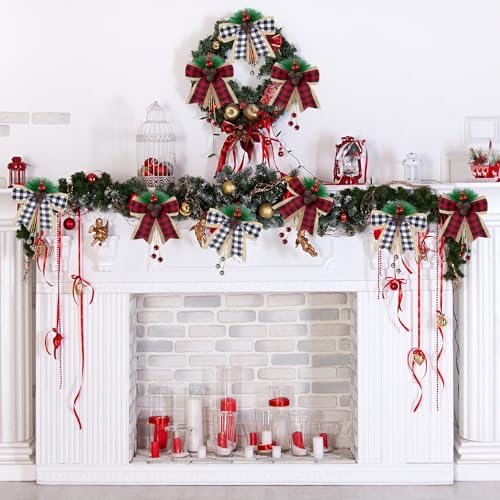 codree 6 Pcs Christmas Burlap Plaid Bows with Pine Cones Pine Needles
