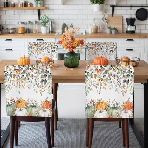 Fall Chair Covers Set of 4 Sage Green Pumpkin Chair Slipcover Protector Removable Stretch Chair Covers Autumn Eucalyptus Leaves Thanksgiving Chair Back Covers for Dining Chairs Kitchen Holiday Party
