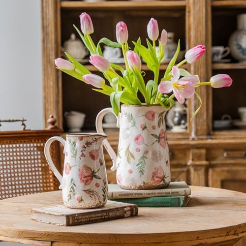 Retro Rustic Large Ceramic Vase / Floral and Fruit / Large Pitcher