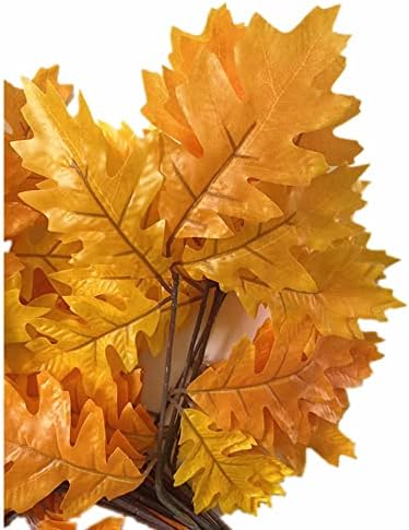12pcs Artificial Oak Tree Branch Faux Eiche Leaf Stem Three Forks per piece for Greenery Wall Floral Decoration (Yellow)