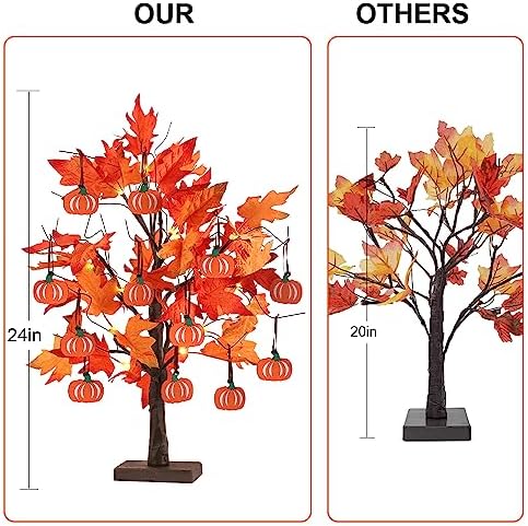 hogardeck Fall Decorations for Home, Thanksgiving Decorations, 24”2FT Lighted Maple Leaves Tree with 24 LEDs & 12 Wood