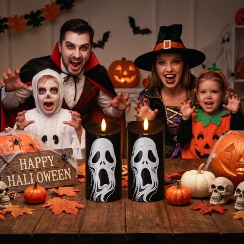 Halloween Black Flameless Pillar Candles with Ghost Decals, 2PCS