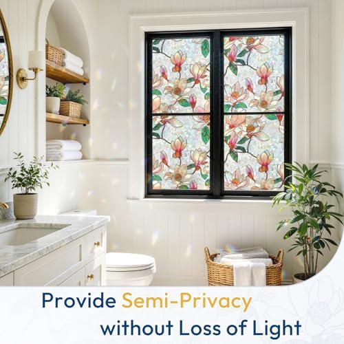 rabbitgoo Stained Glass Window Privacy Film, Magnolia, 23.6" x 157.4"