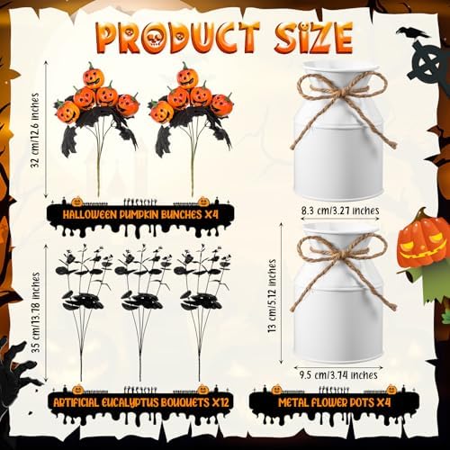Thiccywoov 4 Sets Halloween Table Centerpiece Decorations Artificial Black Pumpkins Eucalyptus with Metal Vase Faux Pumpkins Plants in Pots for Halloween Trick or Treat Party Home Dining Table Decor