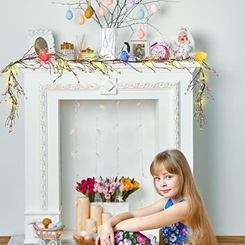 FOIMAS 6ft Lighted Easter Garland,Artificial Egg Hanging Garland with Lights Pip Berries for Easter Spring Party Fireplace Mantle Decoration Supply