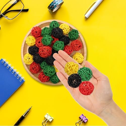 Lucleag 32Pcs Black Red Green Yellow Natural Rattan Balls Ornament Vase Filler, African American Wicker Hanging Decor for Black History Month Juneteenth Kwanzaa Tree Home Table Decor Party Supplies