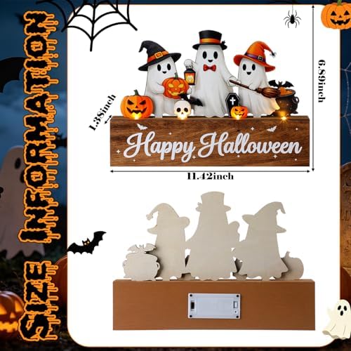 Patelai Halloween Table Decoration with LED Lights Wood Pumpkin Ghost Signs