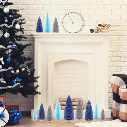 Leyndo 9 Pcs Blue Classic Artificial Mini Christmas Tree with Wood Base