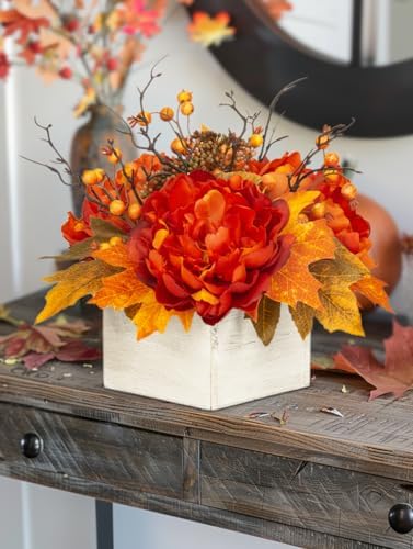 DILATATA Fall Decor Autumn Harvest Floral Centerpiece with Artificial Peony Maple Leaf and Berries Arrangement for Thanksgiving Party Mantel Fall Decor