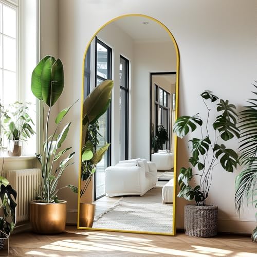 Delma Arched Full Length Mirror with Stand, 75x35 Gold Floor Mirror