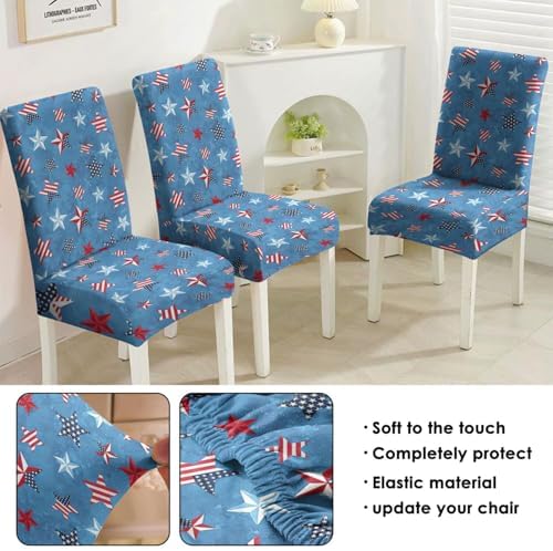 4 Pcs 4th of July American Flag Patriots Stars Dining Chair Covers, Memorial Day Veterans day Independence day Stretch Removable Washable Seat Slipcovers, Labor Day Kitchen Dining Room Hotel Decor