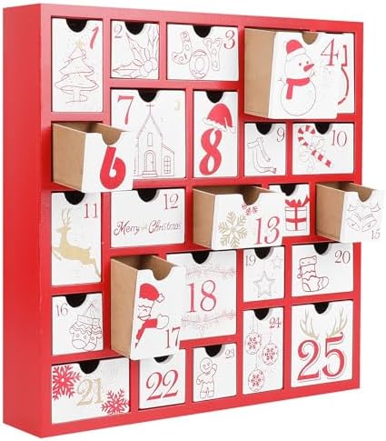 CCINEE Christmas Wooden Advent Calendar with 25 Large Drawers, Countdown to Christmas Decoration Large Size Xmas Countdown Calendar 2024 Hand Painted Refillable Advent for Holiday Decoration(Red)