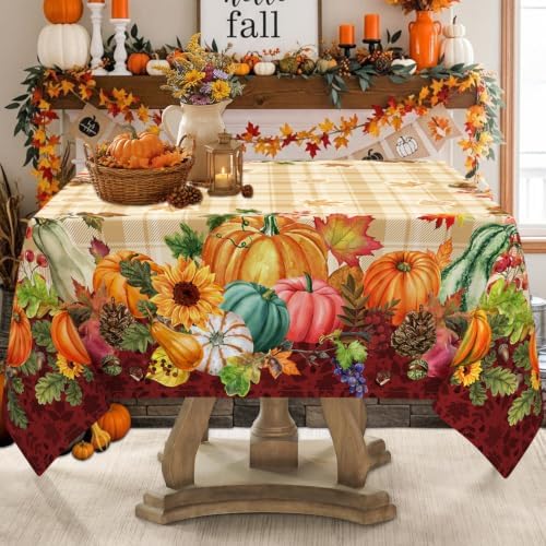 Fall Plaid Square Tablecloth 52x52 Inch, Stain Resistant Washable Fabric Autumn Harvest Pumpkin Table Cloth Square Fall Tablecloth Table Cover for Kitchen Dining Party