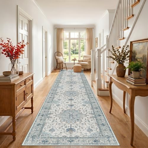 RELEANY Washable Area Rug, Runner 3'x20', Blue/White/Gray
