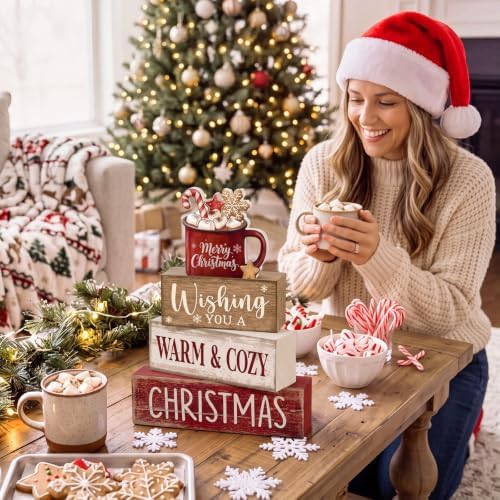 Moucuny 4 Pcs Christmas Coffee Table Decor for Home Kitchen, Wooden Cocoa