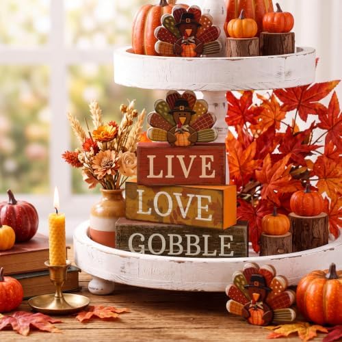 Lineshading 4 Pcs Thanksgiving Wooden Block Signs Turkey Tiered Tray Decor