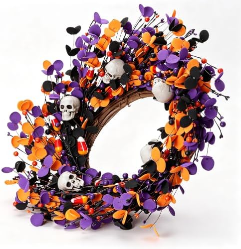 Halloweeen Wreath with White Skull 22 Inch Halloween Wreaths for Front Door with Black Eucalyptus Leaves White Skull Orange Berries for Window Porch Indoor Party Holiday Wall Home