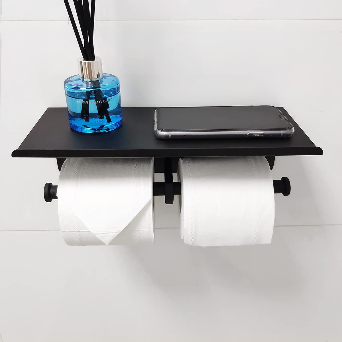 GZILA Double Toilet Paper Holder with Shelf Matte Black Wall Mounted, Dual Large Rolls Tissue Holder Multipurpose TP