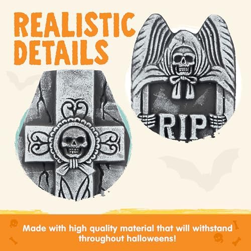 JOYIN 17” Halloween Foam RIP Graveyard Tombstones (5 Pack), Halloween Tombstones Decorations Outdoor for Graves With 12 Metal Stakes For Cemetery Yard Lawn Party Decor