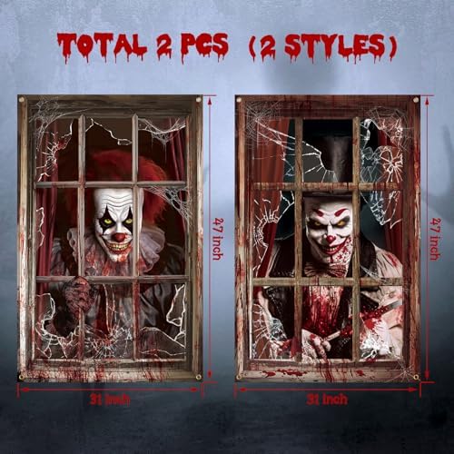 Newwiee 2 Pcs Scary Halloween Curtain Window Silhouette Cover Blood Clown