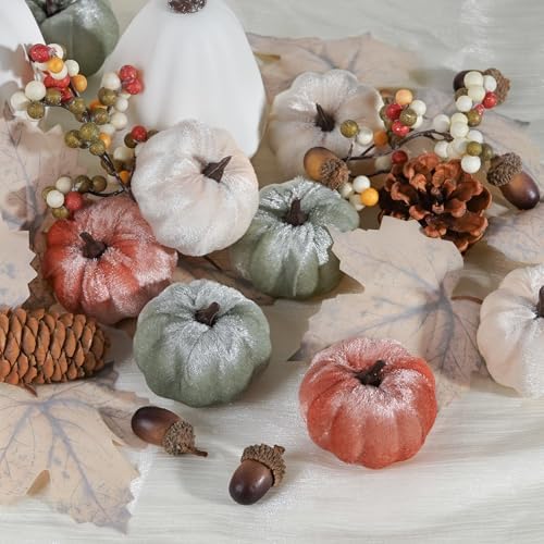 Artmag 25 PCS Pumpkin Decor Set, Artificial Fabric Pumpkins Decor with Acorns, Pinecones, Berries, Maple Leaves for Fall Halloween Thanksgiving Decorations Home Table
