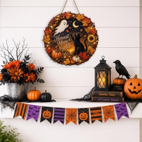 Halloween Harvest Moon Nights Fall Wreath Sign, Black Cat Ghost Wood Decor