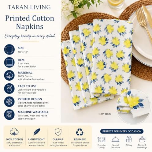 TARAN LIVING Printed Cotton Cloth Napkins Fall Dinner Napkin Set Reusable Machine Washable Fabric for Gifting, House Party Events, Home Decor, Craft - 18"x18" - Set of 4 - Lemon Print