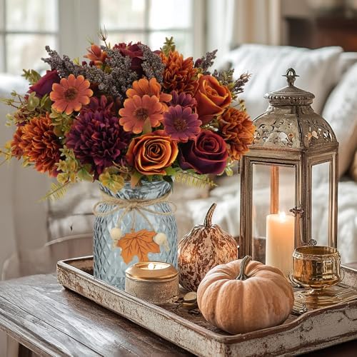 3 Bundles Fall Artificial Flower Arrangements with Vase, Burnt Orange Roses