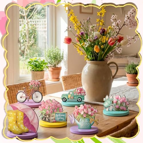Amyhill 12 Pcs Spring Table Decorations Wooden Tabletop Centerpiece Wooden Table Sign for Tiered Tray Fiesta Carnival Party