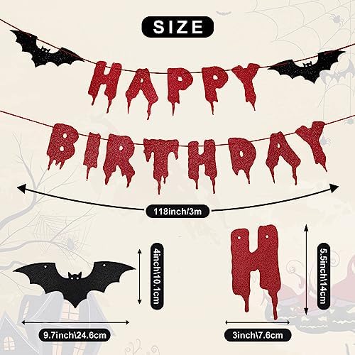 Happy Birthday Halloween Banner – Red Glitter Dripping Blood-Style Paper Letter Garland with Black Bat Accents for Scary Birthday Party, Vampire, Gothic and Horror Decorations