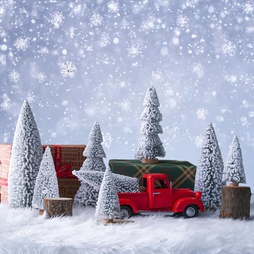 AerWo 8Pcs Mini Christmas Trees Flocked Bottle Brush Christmas Trees 4''-10'' with Wooden Bases, Small Xmas Tree for Tabletop Xmas Decor Village Crafts Winter Holiday Table Decorations