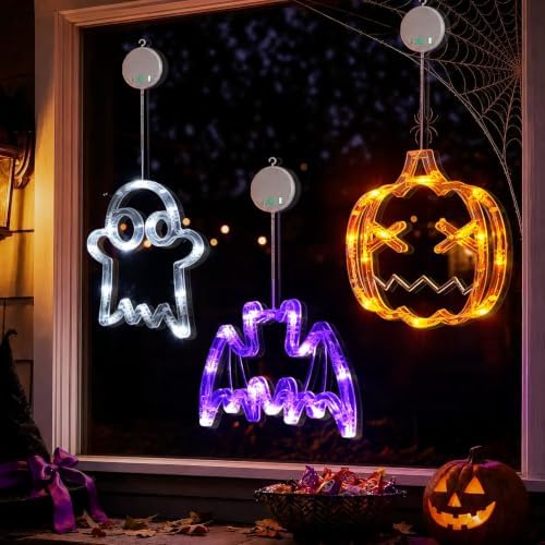 LOLStar USB Rechargeable Pumpkin Ghost Bat Halloween Window Lights, 3 Pack