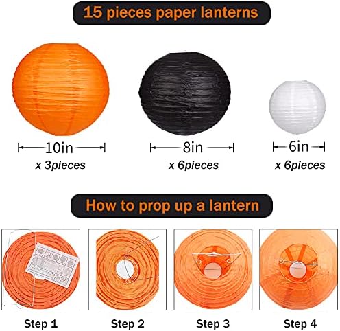 Round Hanging Paper Lanterns Orange and Black Party Decorations 15pcs
