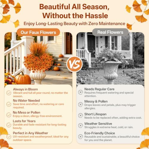 15 PCS Artificial Fall Flowers for Outdoors, Six-Petaled Faux Silk Mums