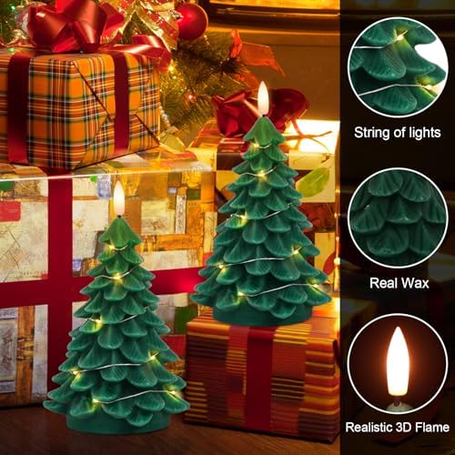 Christmas Tree Candles with String Light & Remote Timer Green
