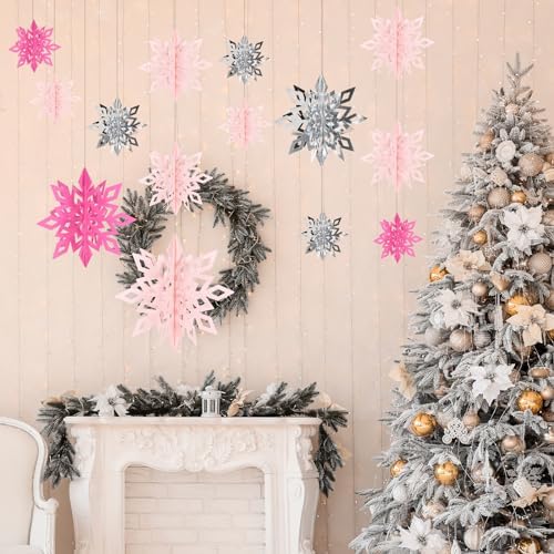 Whaline 18 Pcs Christmas Hanging Decorations 3D Pink Silver Snowflake Hanging Ornaments with String Glittery Large Snowflake Pendant Garlands for Xmas Winter Wonderland Party Home Ceiling Decor