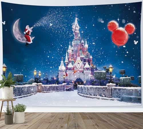 HVEST Castle Tapestry Santa Claus on Moon with Snowflake Wall Hanging Winter Scenery Tapestries for Bedroom,Living Room,Dorm Party Wall Decor,92.5Wx70.9H inches