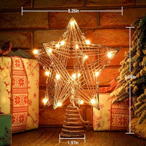 ODEETRONIC Smart Christmas Tree Topper, 8" RGB Star Tree Topper, 20LED 3D Hollow Color Changing Lighted Tree Top, APP & Remote Control Music Sync Gold Glitter Tree Topper for Xmas Indoor Party Holiday