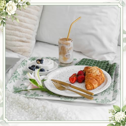 Vesici 3 Pcs Sage Green Floral Serving Trays 13 x 10 Inch Green Chinoiserie Flower Melamine Platters Reusable Rectangular Serving Dish for Spring Wedding Bridal Party Sharing Snack Fruit Dessert Candy