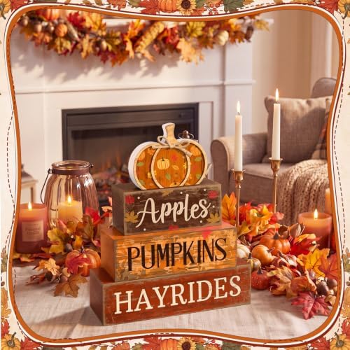 Moucuny 4 Pcs Fall Pumpkin Wooden Block Signs Tabletop Tiered Tray Decor